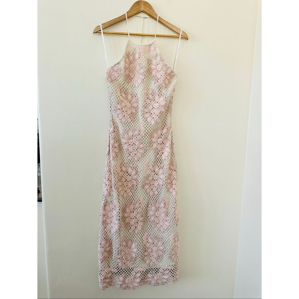 Just Me Pink Crochet Floral Halter MIDI Dress Size Small New